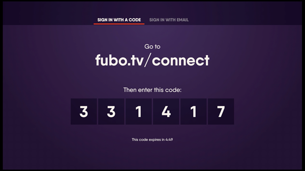 Example code for signing in to the FuboTV app via fubo.tv/connect