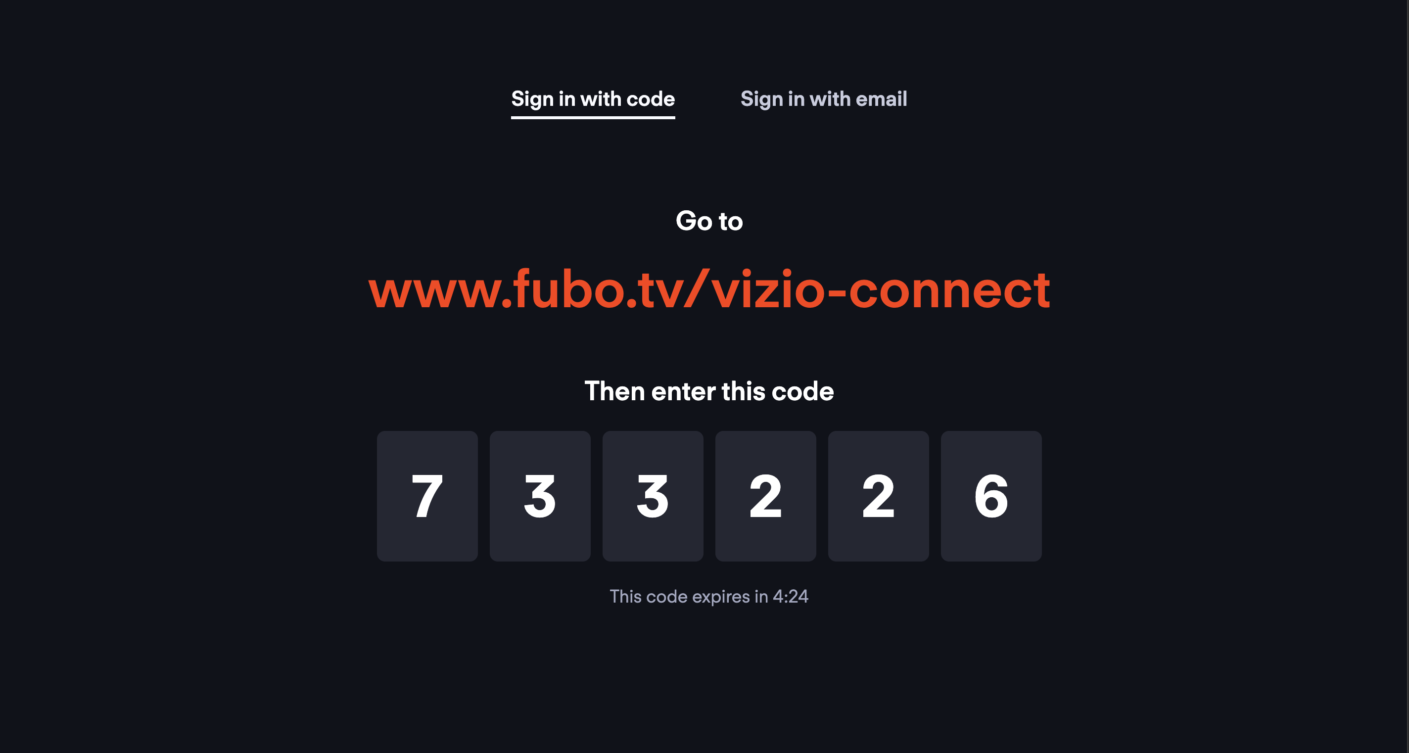 Example code for signing in to the FuboTV app via fubo.tv/connect