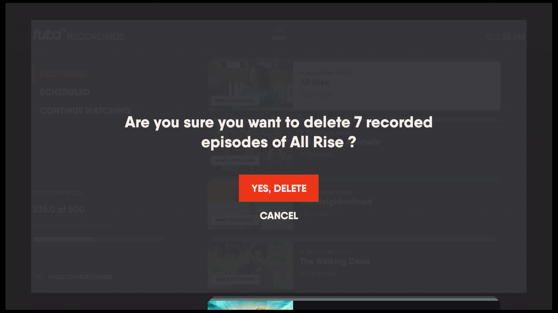 Delete recordings confirmation screen with Yes, Delete highlighted