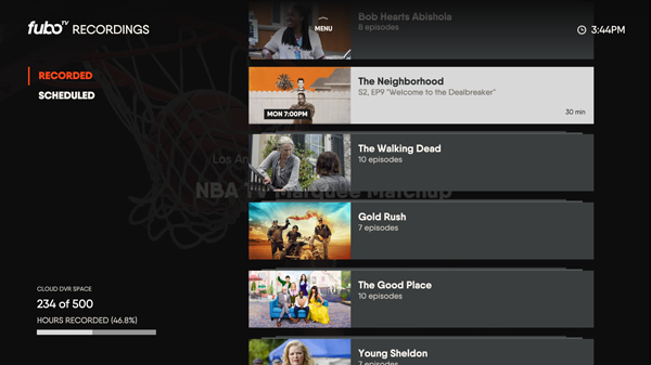 The recordings screen of the FuboTV app on a Samsung Smart TV with a recorded series folder highlighted