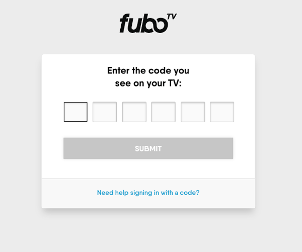 Code entry screen for fubo.tv/connect; enter the code here that was provided when launching the FuboTV app on a compatible device