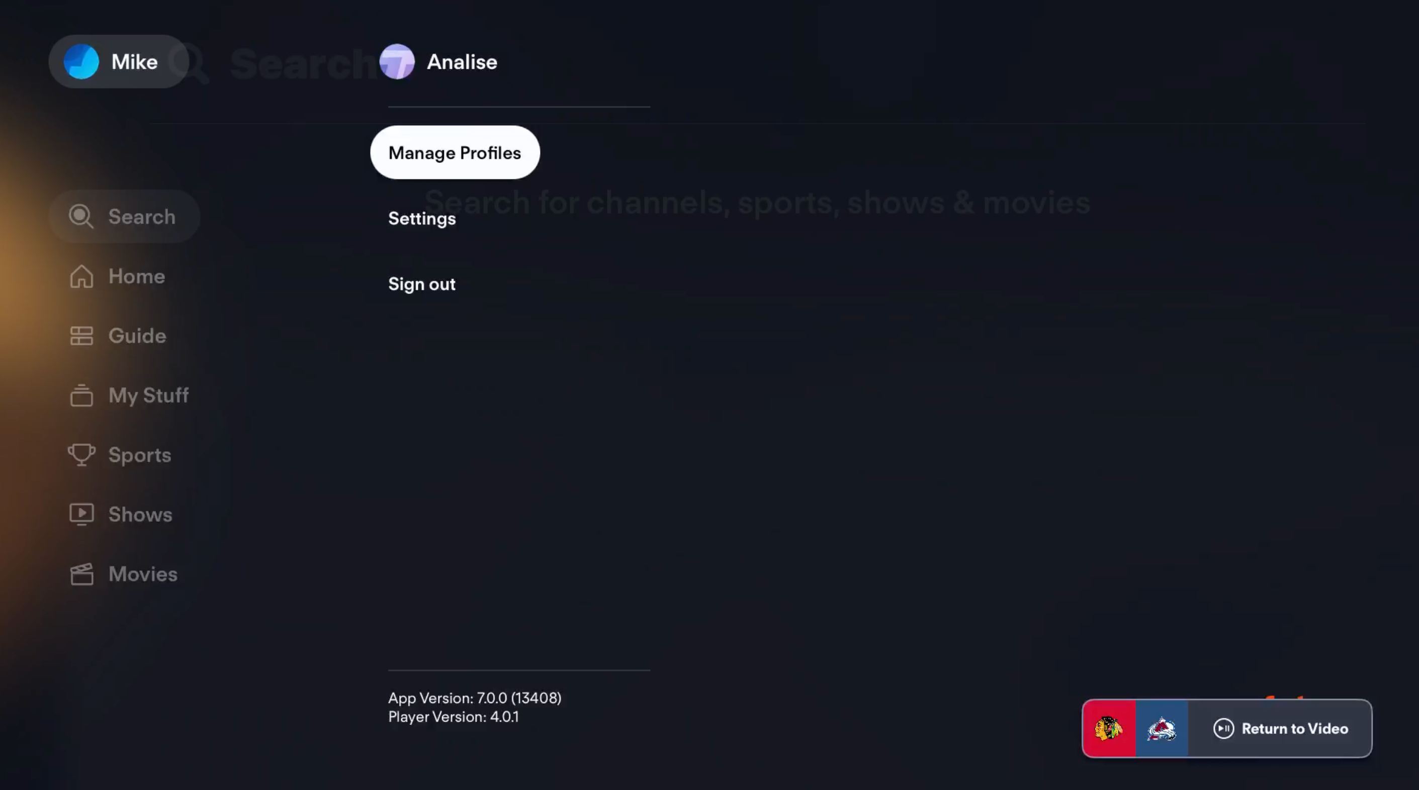 ACCOUNT page of the FuboTV app on Apple TV, accessible by selecting the PROFILE icon from the top menu