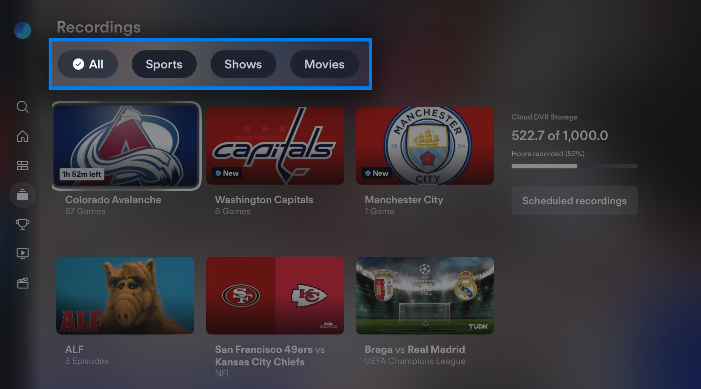 Scheduled upcoming Cloud DVR recordings for the FuboTV app on Apple TV
