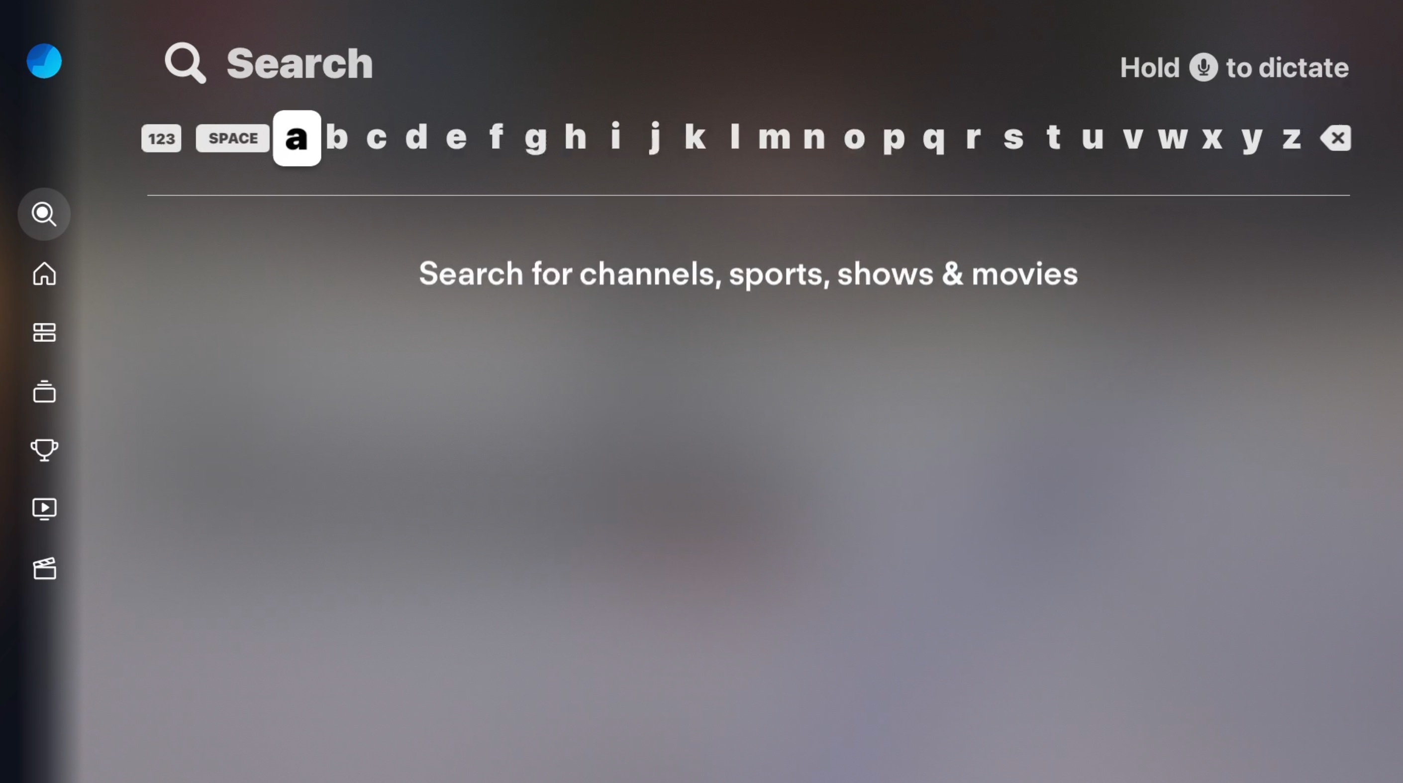 SEARCH screen of the FuboTV app on Apple TV with on-screen keyboard; enter text or use voice search