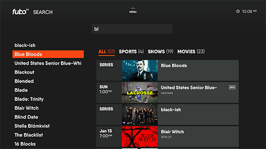 SEARCH results page of the FuboTV app on Apple TV; select a program to watch or record for later