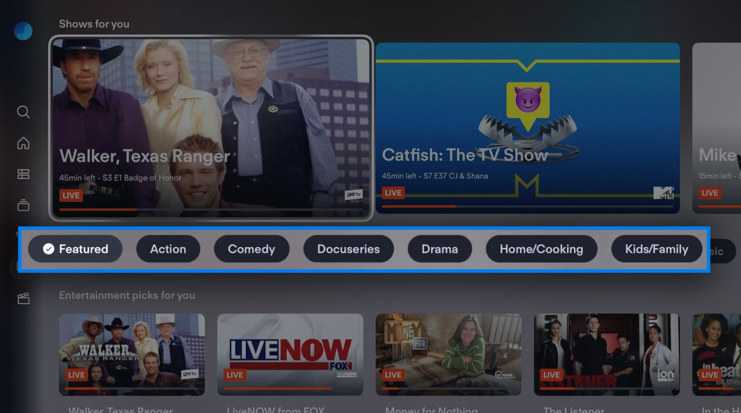 SHOWS screen of the FuboTV app on Apple TV with genre filters highlighted