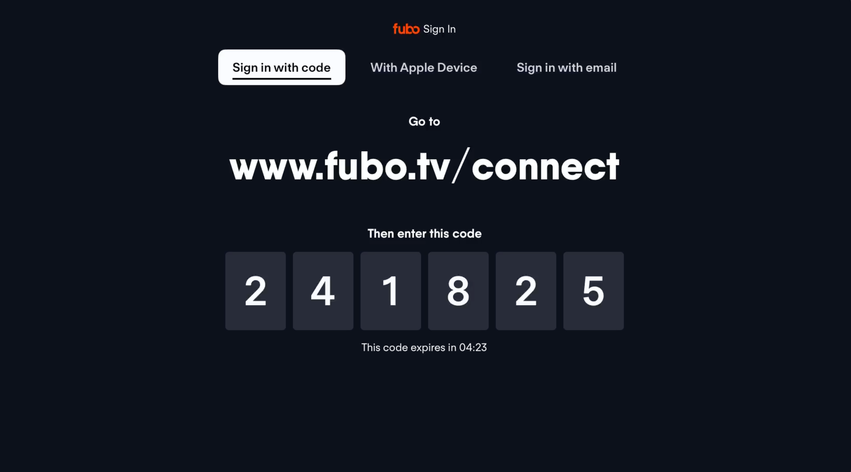 Sample activation code for the FuboTV app on Apple TV, visit fubo.tv/connect and enter to the code to sign in automatically