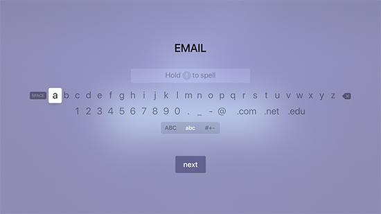 On-screen keyboard to enter email and password details for the FuboTV app on Apple TV