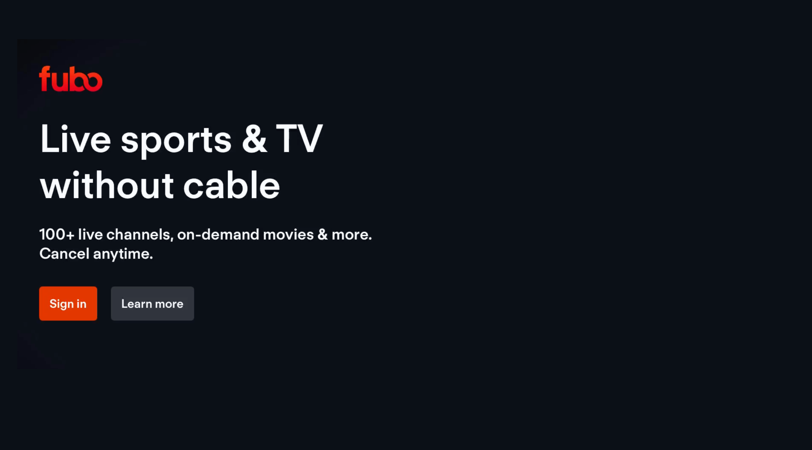 Sign in screen for the FuboTV app on Apple TV, with options to sign in or get signup information