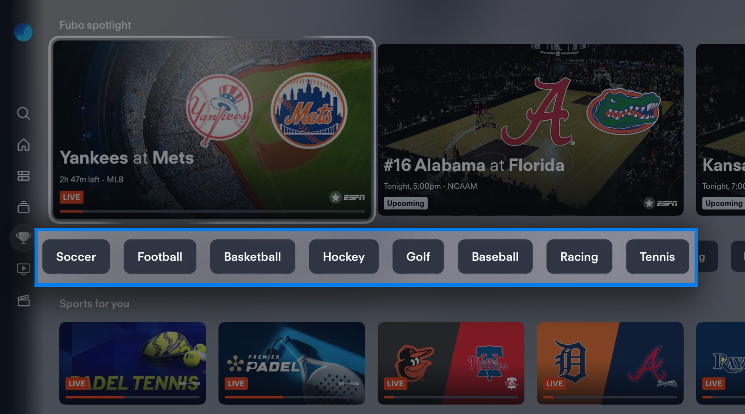 SPORTS screen of the FuboTV app on Apple TV with individual sports filter highlighted on left