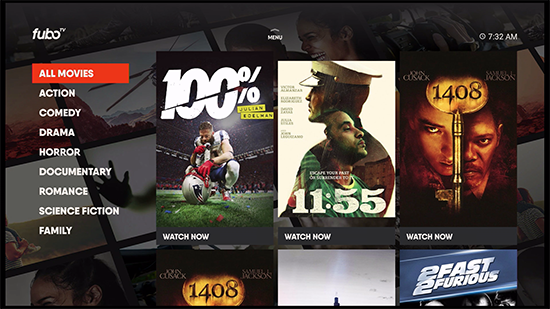 MOVIES screen of the FuboTV app on Amazon Fire TV with genre filters highlighted