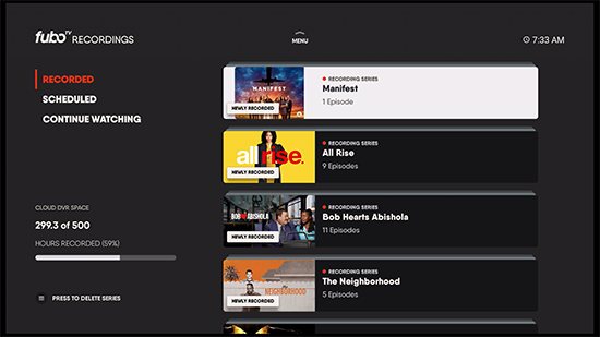 List of shows recorded with Cloud DVR on the Fubo app for Amazon Fire TV