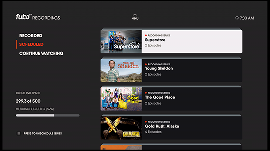 Scheduled Cloud DVR recordings on the Fubo app for Amazon Fire TV