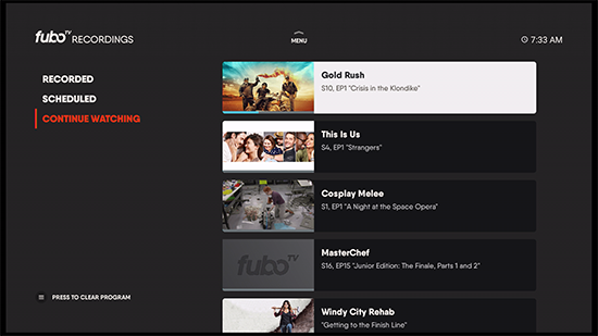 Previously-viewed programming on the Fubo app for Amazon Fire TV