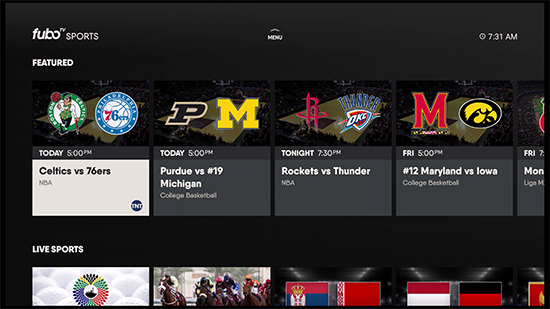 SPORTS screen of the FuboTV app on Amazon Fire TV with various sports programming highlighted