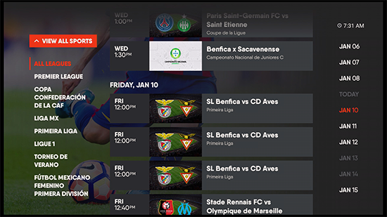 SPORTS screen of the Fubo app on Amazon Fire TV with individual sports filters highlighted on the left