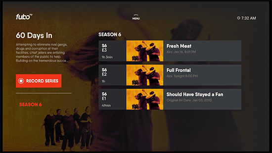 Shows for an individual channels selected from the NETWORKS screen of the Fubo app on Amazon Fire TV