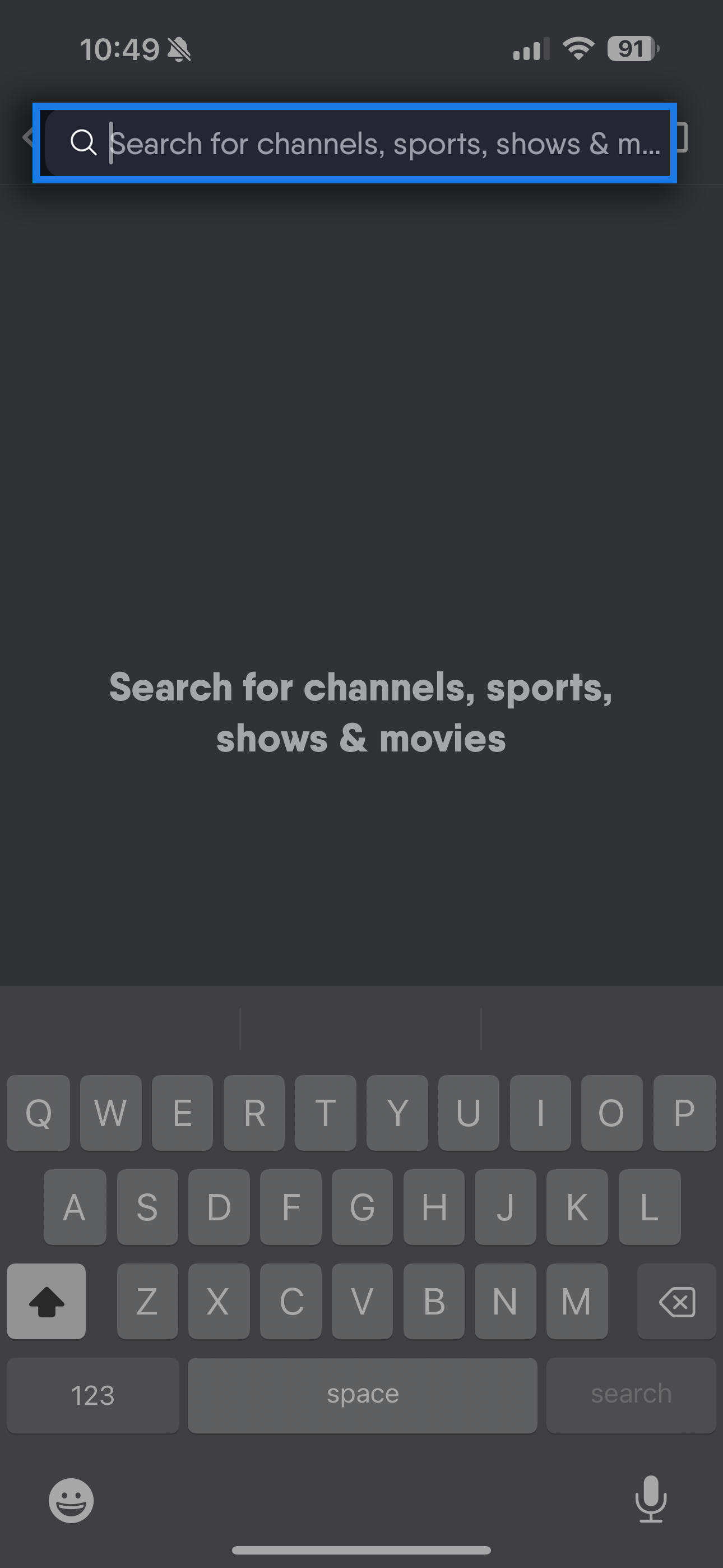 Search screen from the FuboTV app on a mobile device