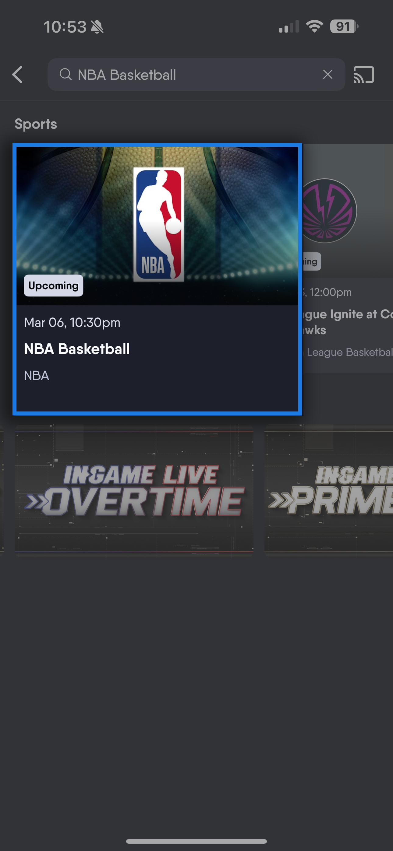 Program information screen for the selected search result from the FuboTV app on a mobile device