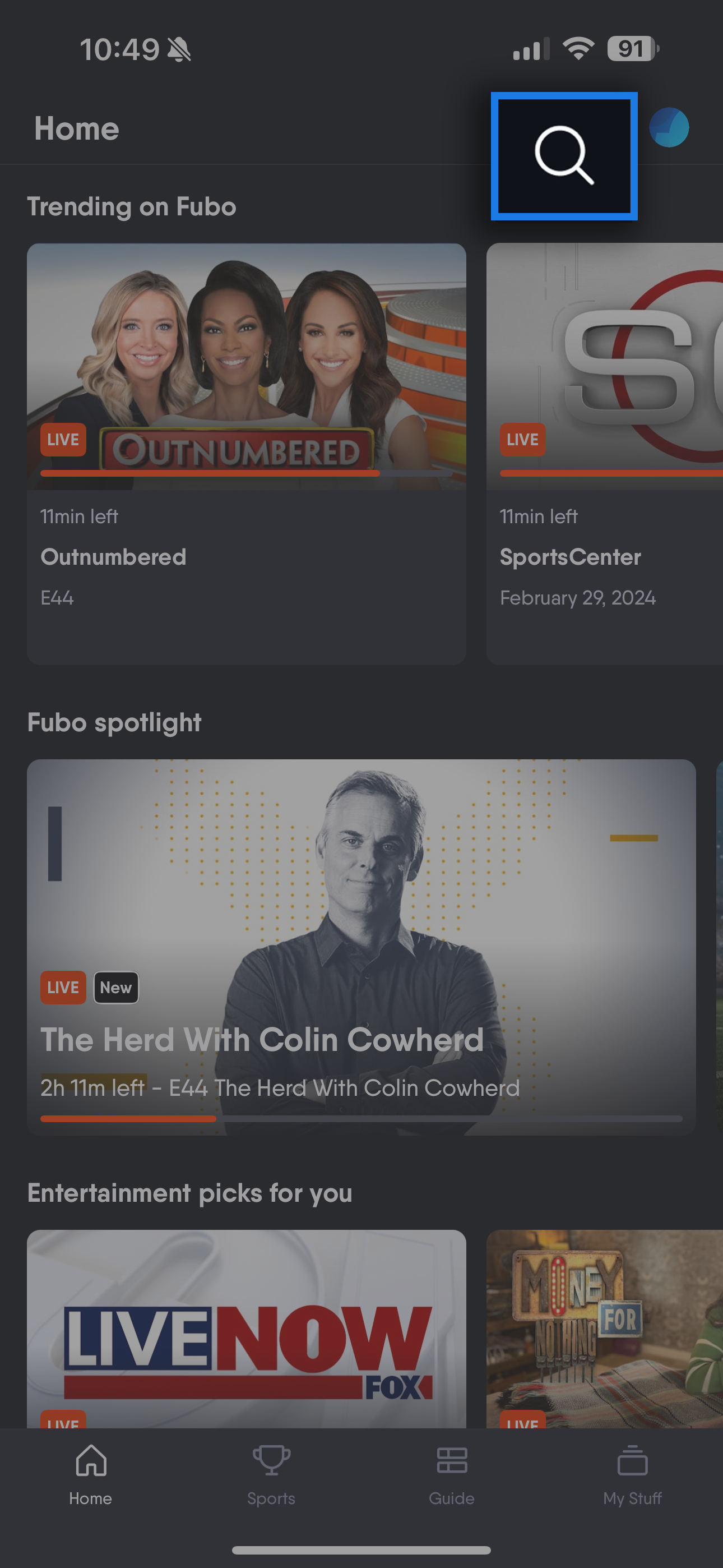 Home screen of the FuboTV app on a mobile device with the SEARCH icon highlighted at the top