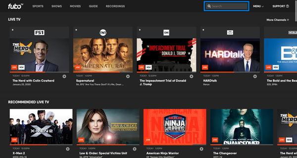 Home screen of FuboTV on a browser with the search bar in the upper-right highlighted