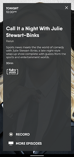 Program information screen for an upcoming program on the FuboTV app on Android mobile with the RECORD button highlighted