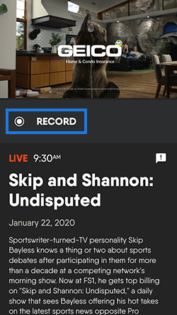 Program information screen for a currently streaming program on the FuboTV app for iOS with the RECORD button highlighted