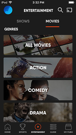 MOVIES screen of the Fubo app on iOS with genre filters shown