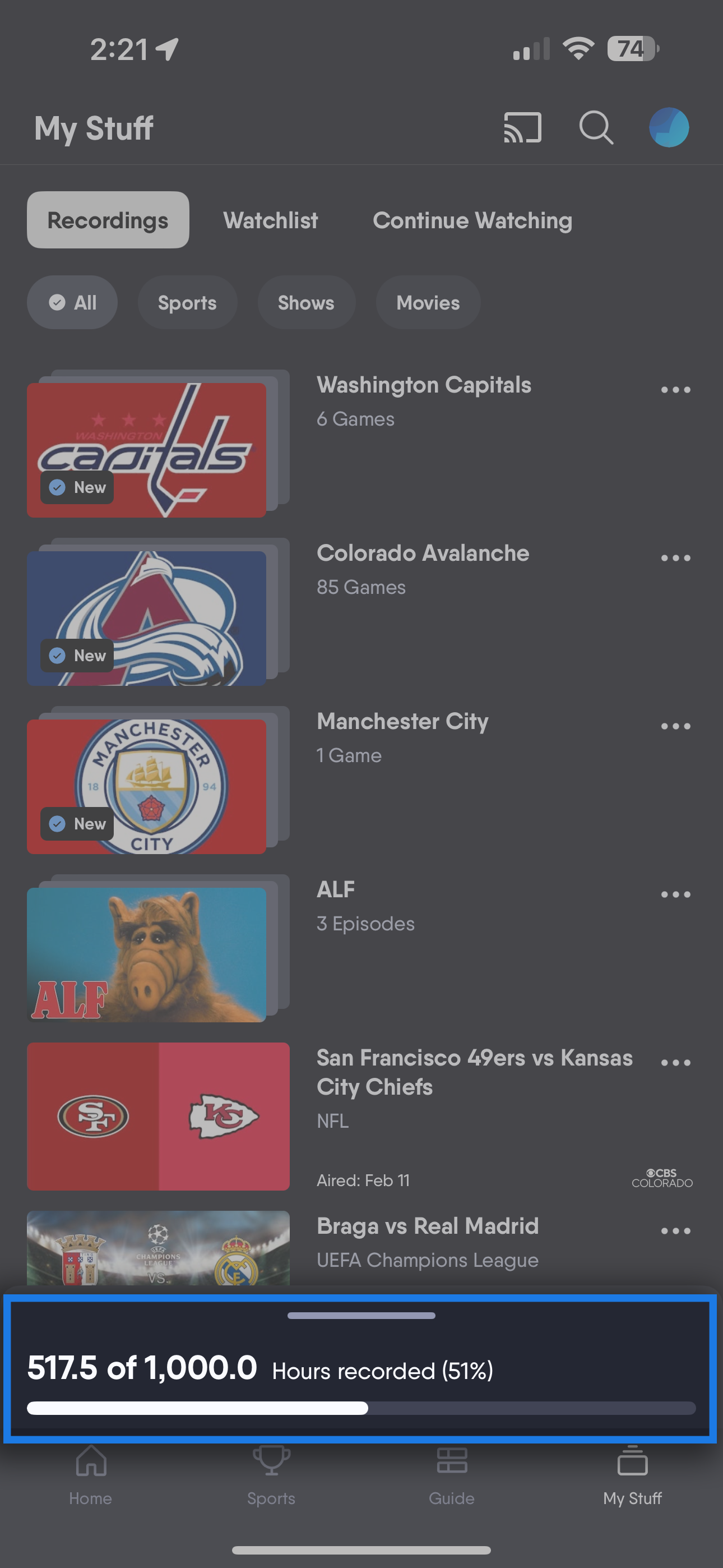 SCHEDULED screen of the FuboTV app on iOS with upcoming recordings shown