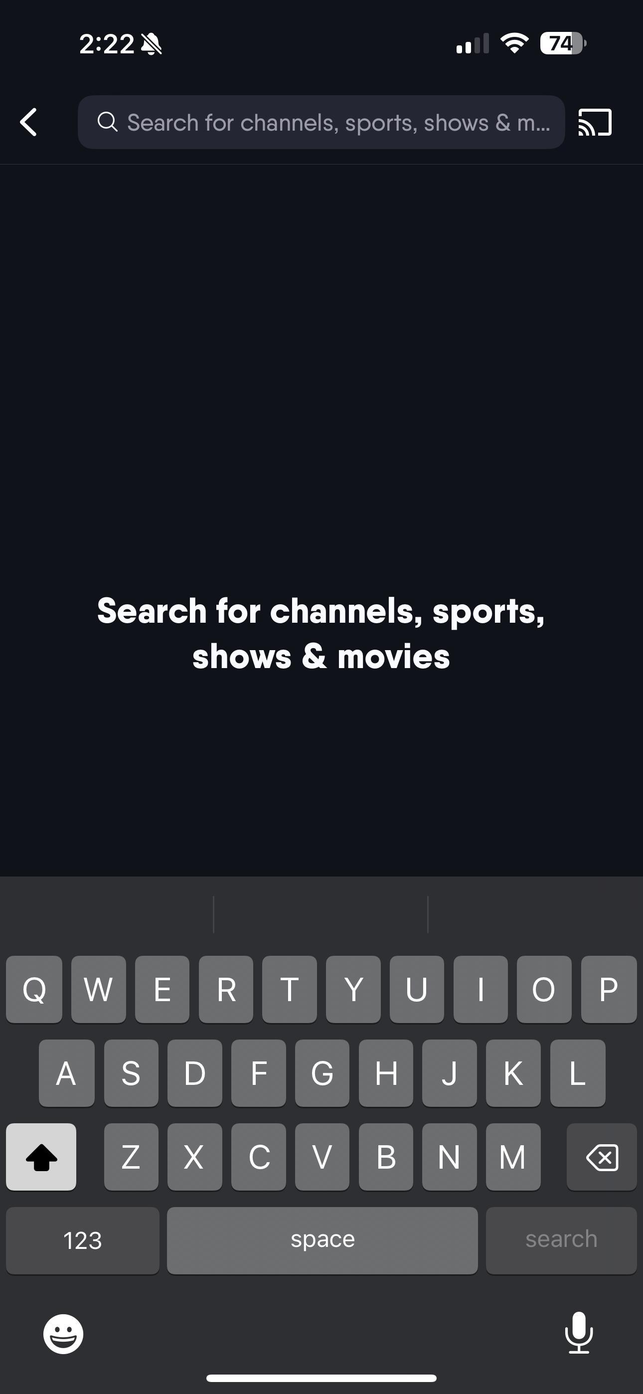SEARCH screen of the Fubo app on iOS