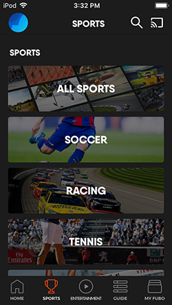 SPORTS screen of the Fubo app on iOS with filters for different sports shown