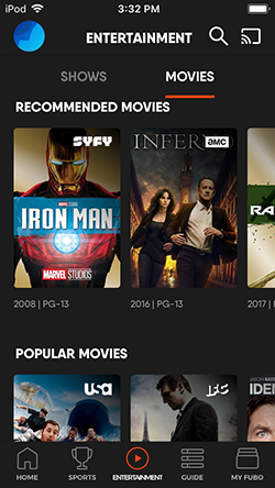 Entertainment tab of the FuboTV app on iOS with MOVIES screen highlighted