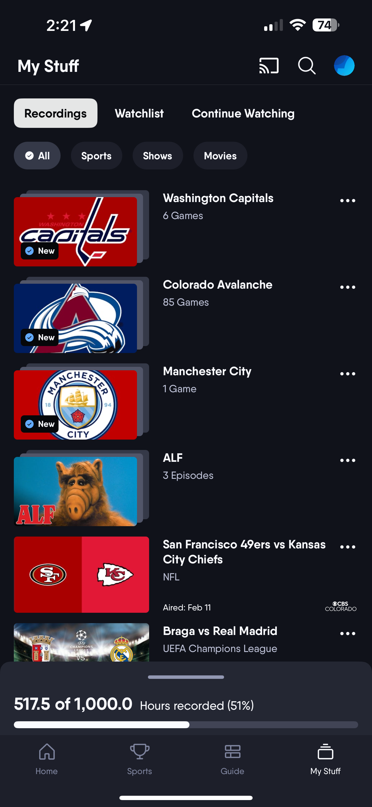 RECORDED screen of the FuboTV app on iOS with previously-recorded programming shown