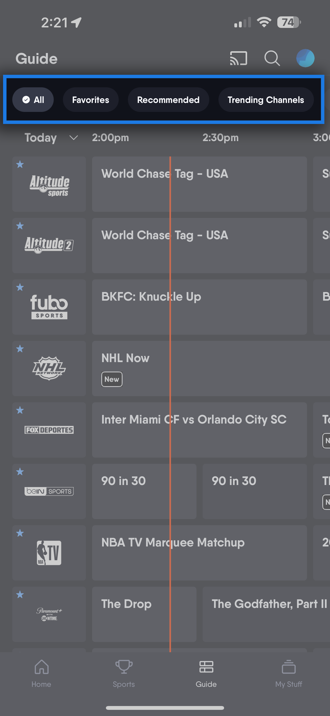 SHOWS tab for the NETWORKS screen of the Fubo app on iOS, showing the different programs available on the selected channel