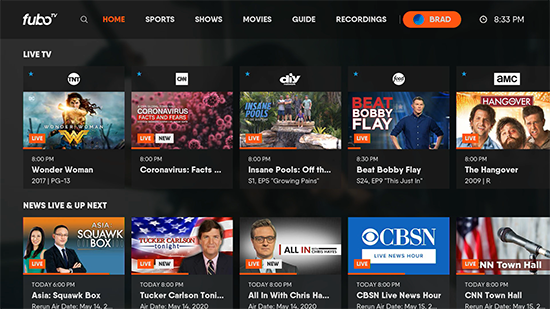 Home screen of the FuboTV app on Roku with profile icon in upper-right highlighted