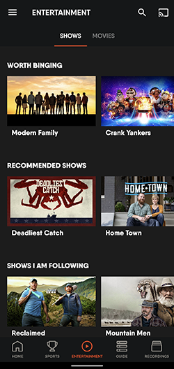 ENTERTAINMENT screen of the FuboTV app on Android mobile with SHOWS tab highlighted
