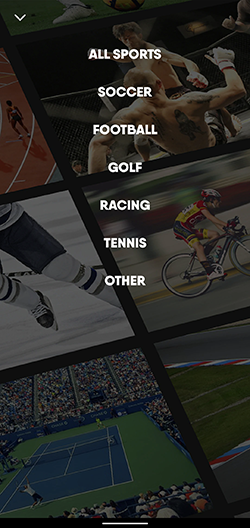 SPORTS screen of the FuboTV app on Android mobile with individual sports filters highlighted
