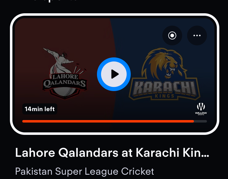 A sporting event on Fubo on a browser with the Play button highlighted. Clicking this will play the recording event live.