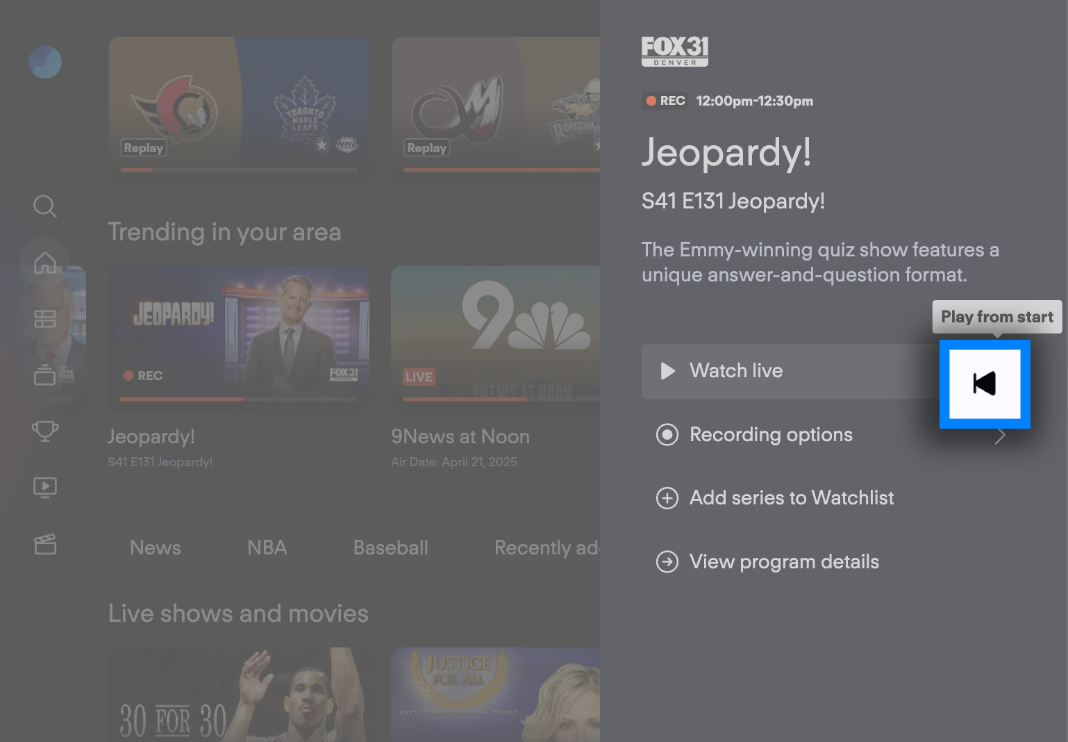 A show context menu for the Fubo app on a connected device with the Play from start button highlighted to the right of the Play live button.