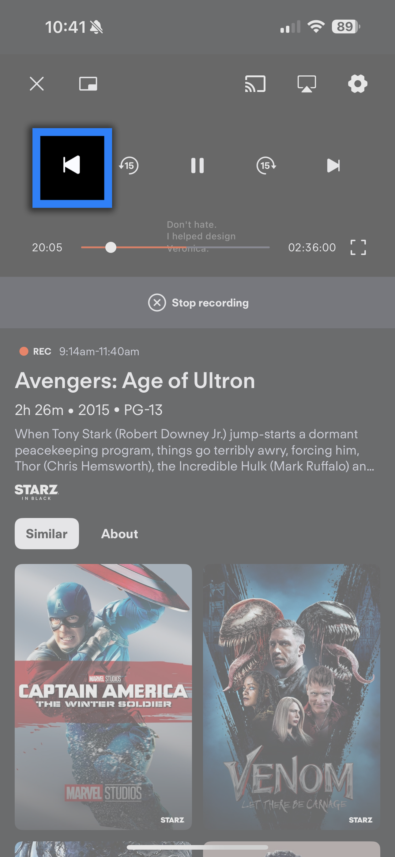 Player controls for the Fubo mobile app with the Start over option highlighted at left. Tapping this will start your recording over from the beginning.