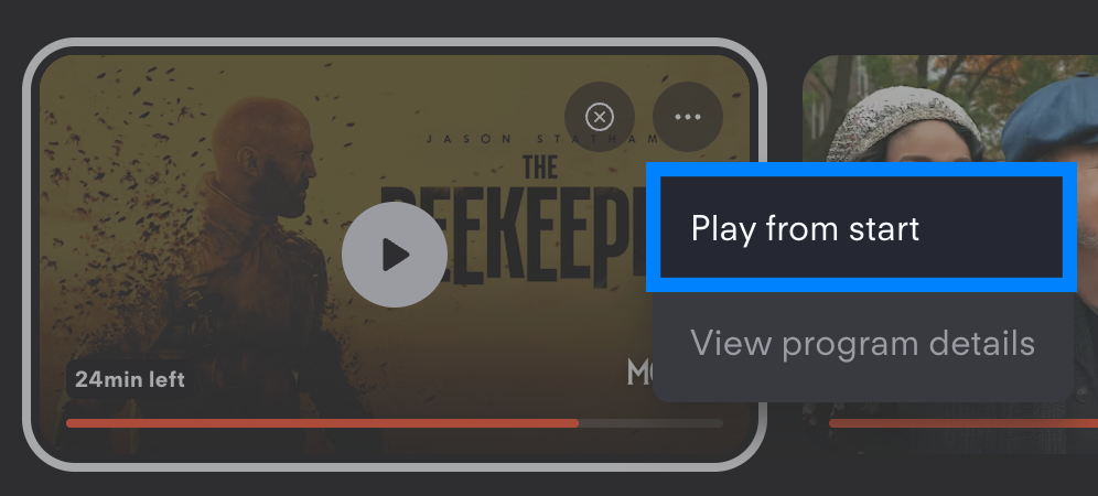 Un programa en FuboTV en un navegador con Más opciones seleccionado y Reproducir desde el inicio resaltado.