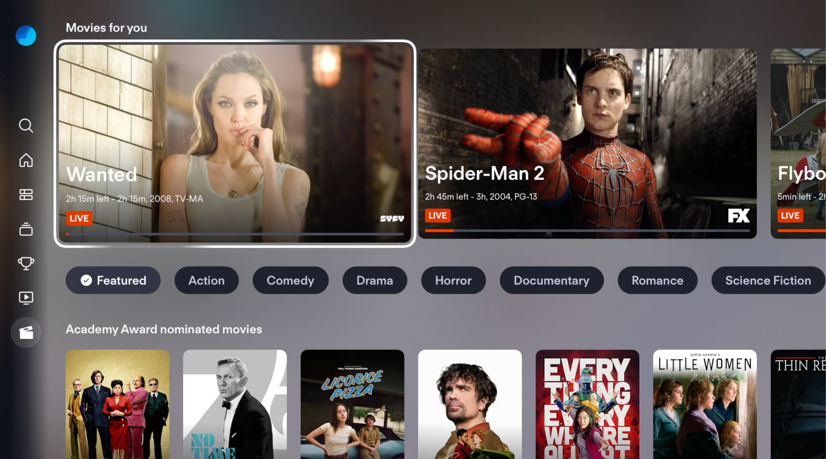 MOVIES screen of the FuboTV app on Apple TV with RECOMMENDED MOVIES highlighted