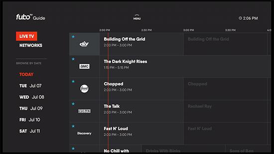 GUIDE screen of the FuboTV app on Amazon Fire TV