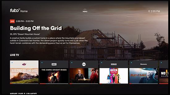 HOME screen of the Fubo app on Amazon Fire TV