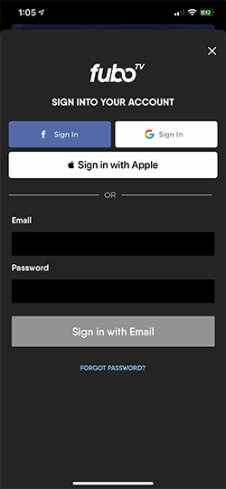 Sign in screen of the Fubo app on iOS with buttons for signing in with Facebook or Apple, and email and password fields