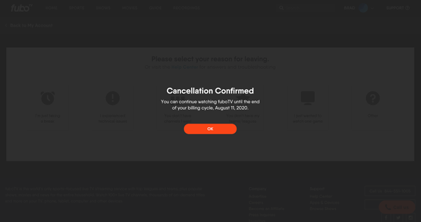 A confirmation screen confirming that the user has canceled their FuboTV subscription
