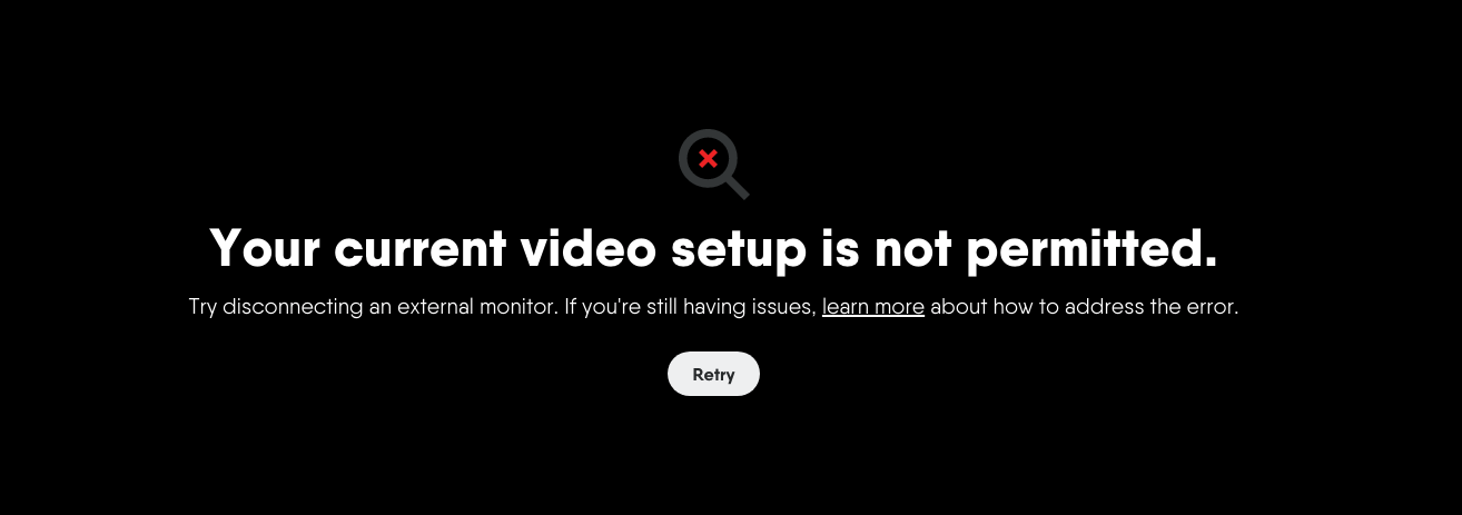FuboTV error slate stating Your Current Video Setup Is Not Permitted