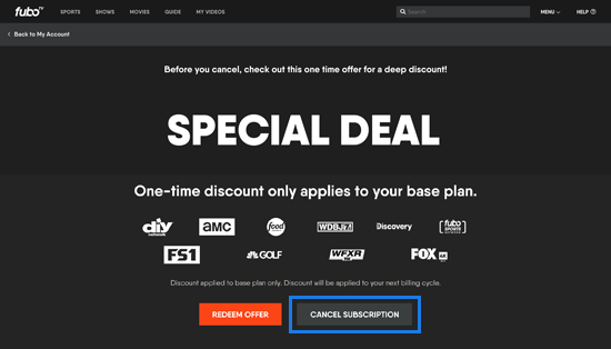 A save offer presented when attempting to cancel a FuboTV subscription, accept the offer to keep the subscription or select Continue to cancel
