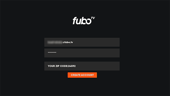 Account information entry screen for Roku-billed FuboTV accounts; includes fiels for email address, password, and ZIP code; CREATE ACCOUNT button is highlighted