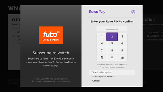 PIN confirmation screen for Roku-billed FuboTV accounts; START SUBSCRIPTION button is highlighted